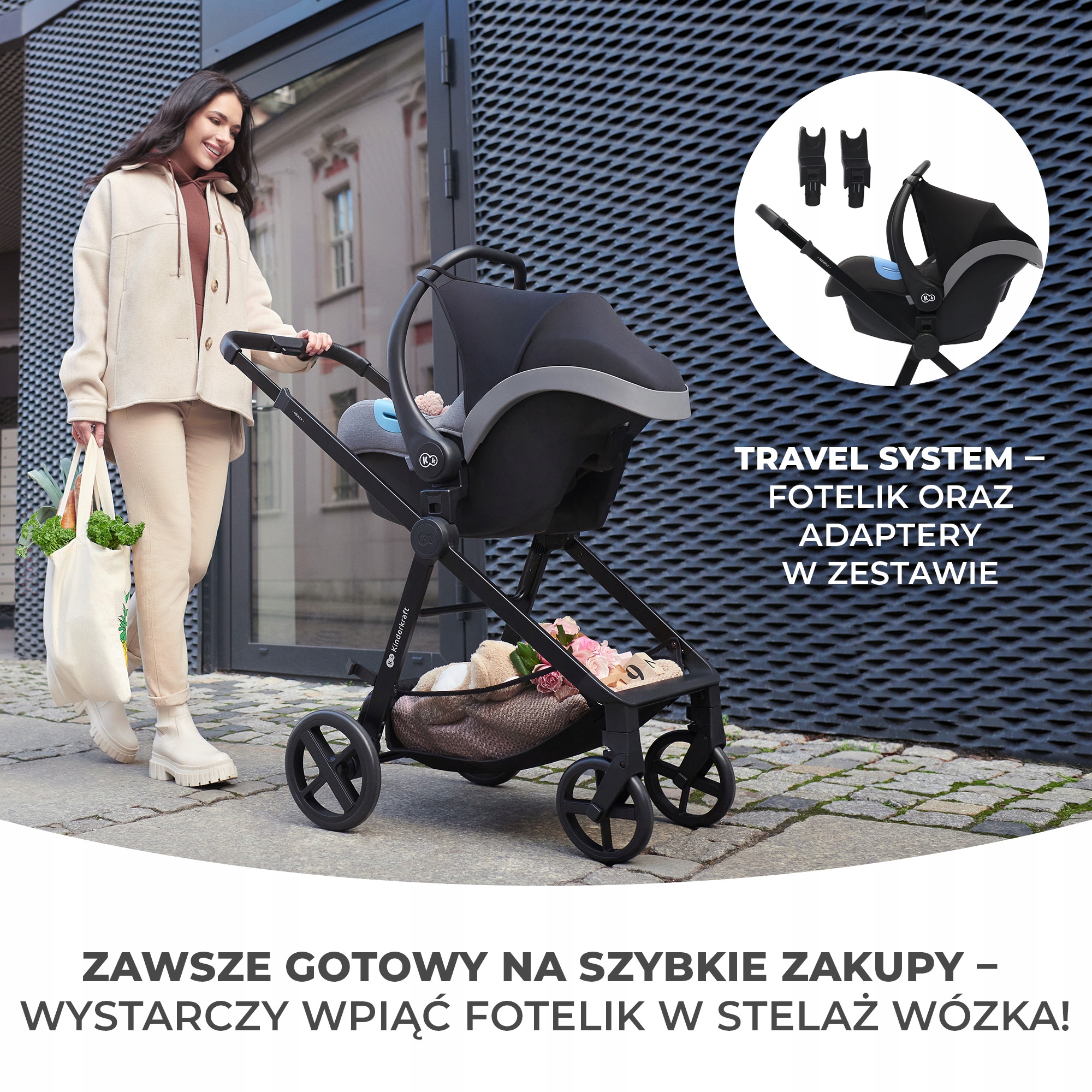 Wózek wielofunkcyjny 3w1 lekki Kinderkraft NEWLY Akcesoria w zestawie Adaptery do fotelika Folia przeciwdeszczowa Osłona na nóżki