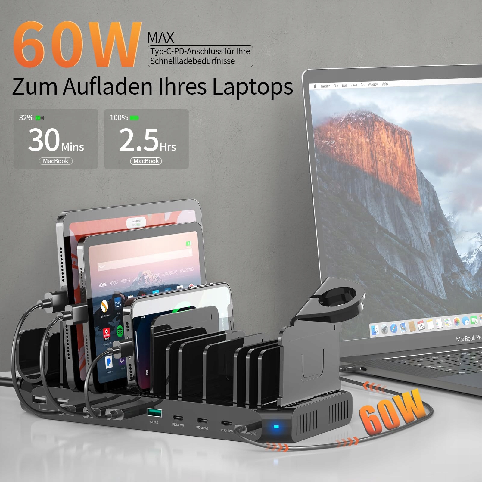 ALXUM Stacja Ładowania 140W USB QC 3.0 PD 60W 45W 30W Laptop Tablet Telefon — miniatura 3