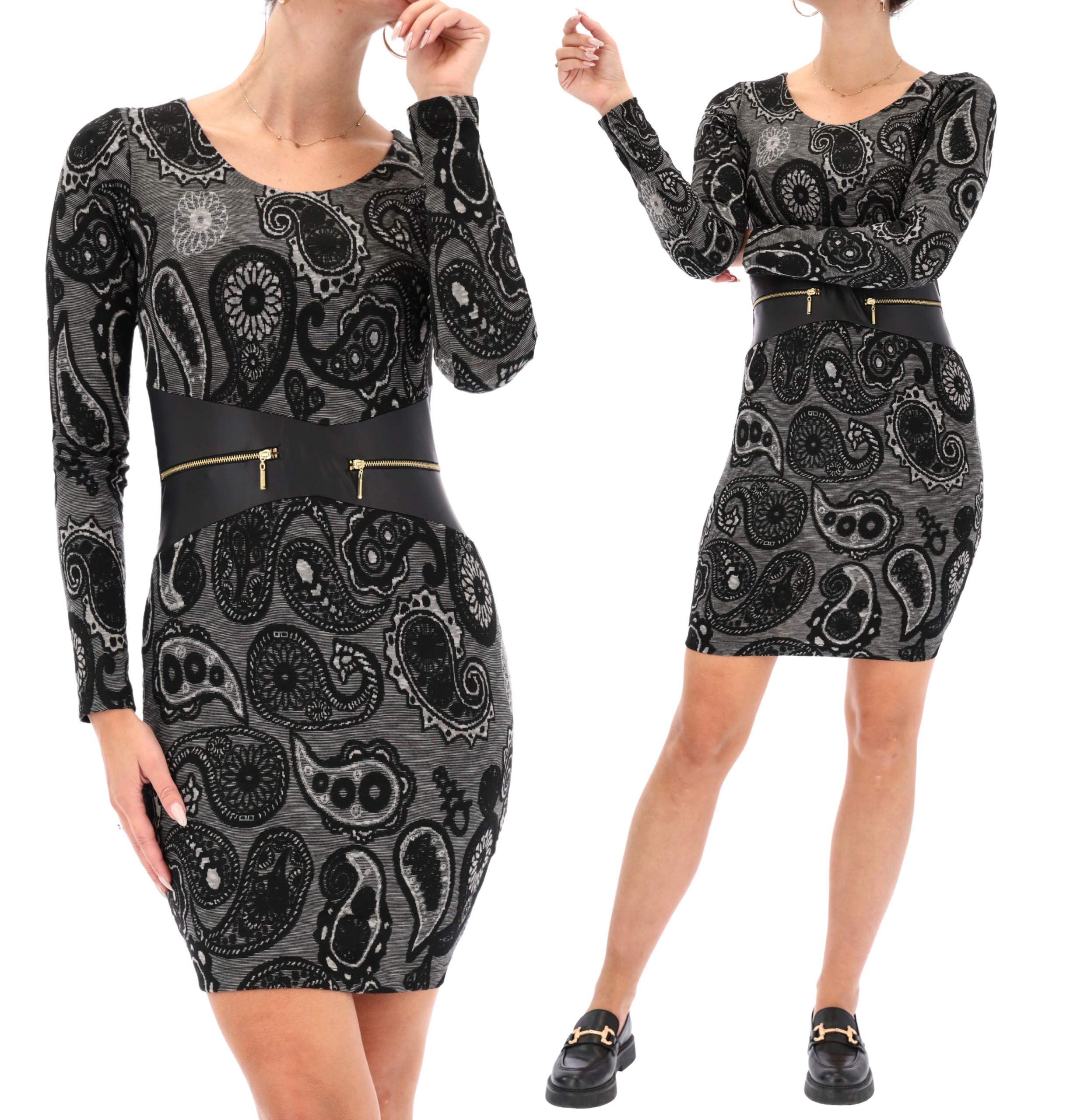 Černá Elegantní Šaty S Prvkem Eko Kůže S Dlouhým Rukávem, Přiléhavá, Velikost M