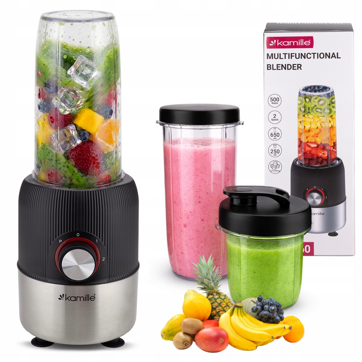 Kalichový Mixér Drtič 2-v-1 500W 2 Kalichy 650 ml 250 ml Kamille