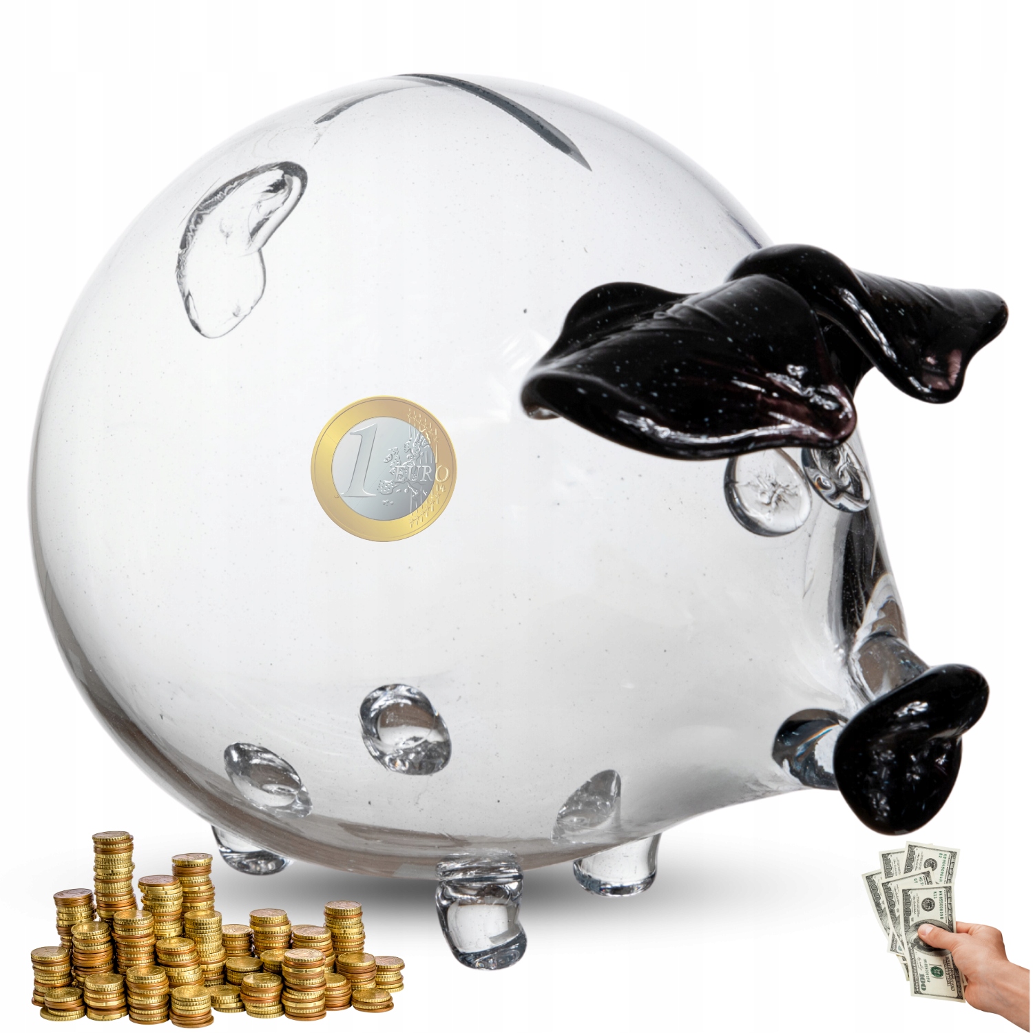 SKARBONKA SZKLANA ŚWINKA XXXL – PRZEZROCZYSTA, CZARNE USZY, RĘCZNIE ROBIONA