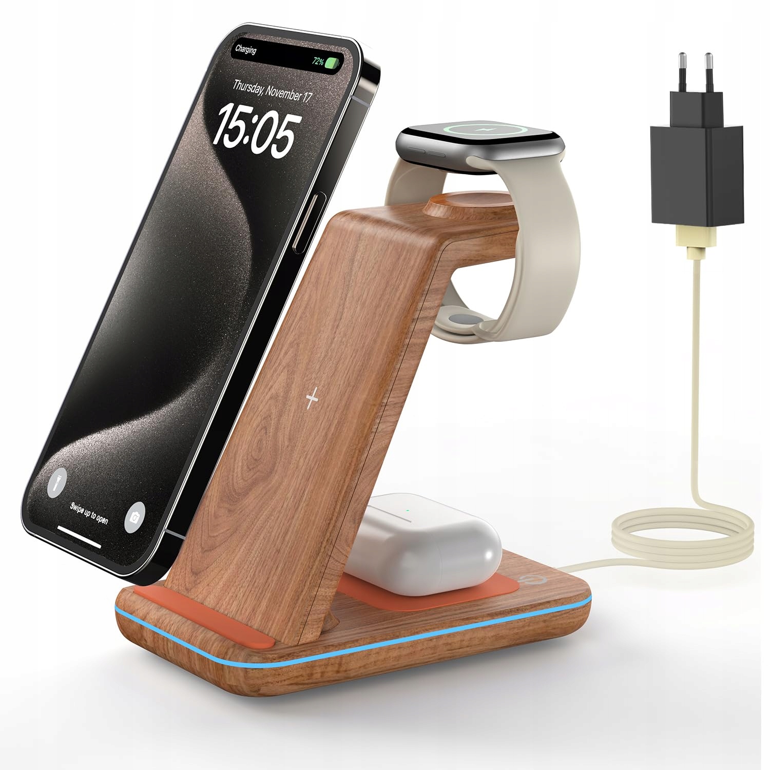 GEEKERA Drewniana Bezprzewodowa Ładowarka 3w1 iPhone Apple Watch AirPods