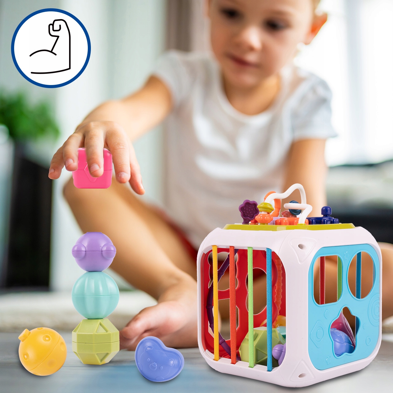 SORTER KLOCKÓW MONTESSORI GUMKI KOSTKA MULTI SENSORYCZNA EDUKACYJNA 7W1 Szerokość produktu 15 cm