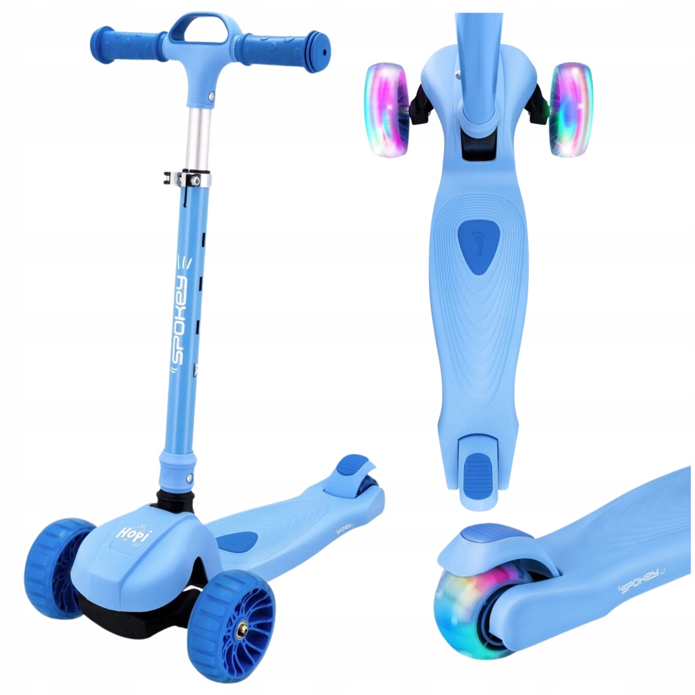 Dětská tříkolová koloběžka skládací modrá s nastavitelnou výškou a Led světly Spokey