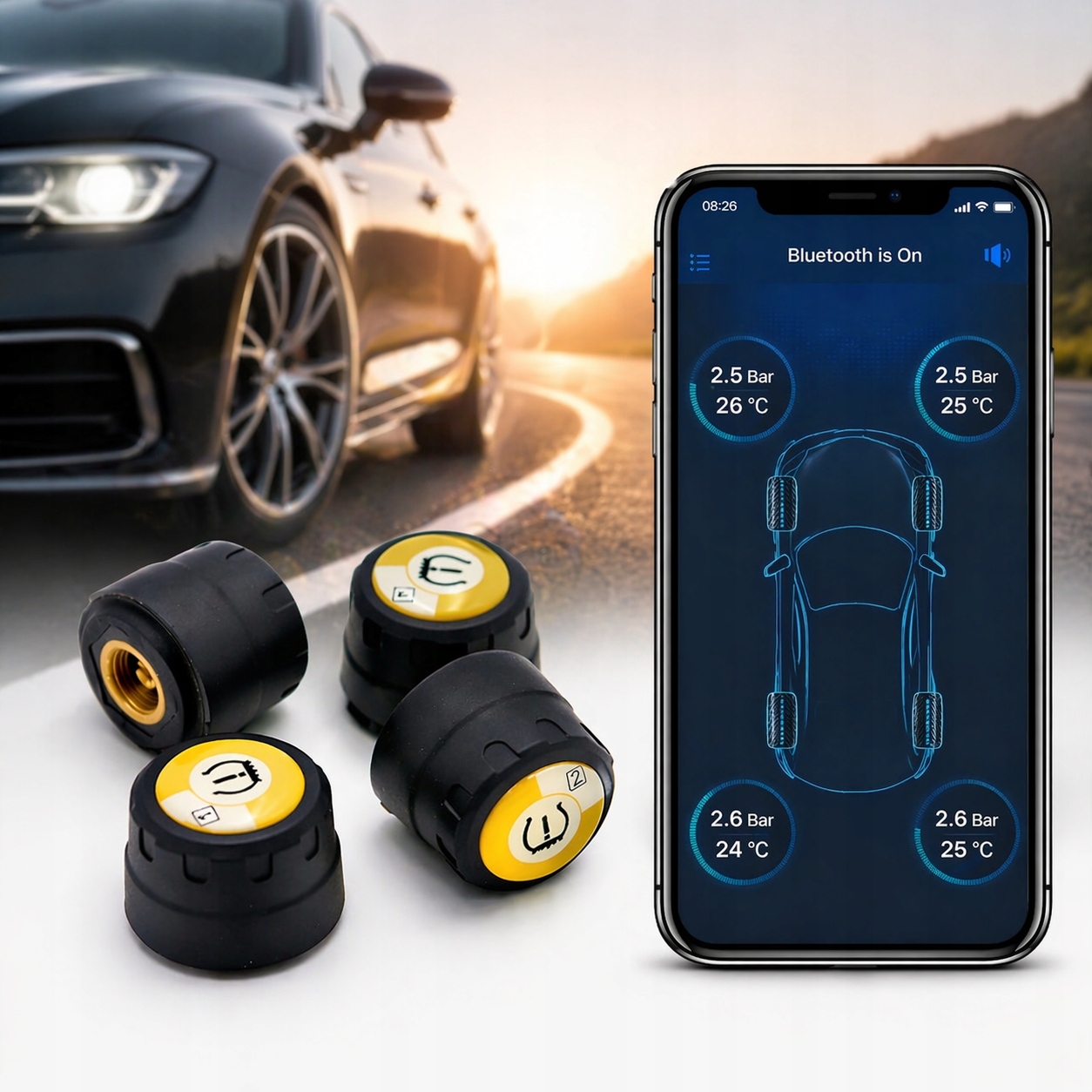 4x externí Bluetooth senzory Tpms do auta pro Android iOS IP67