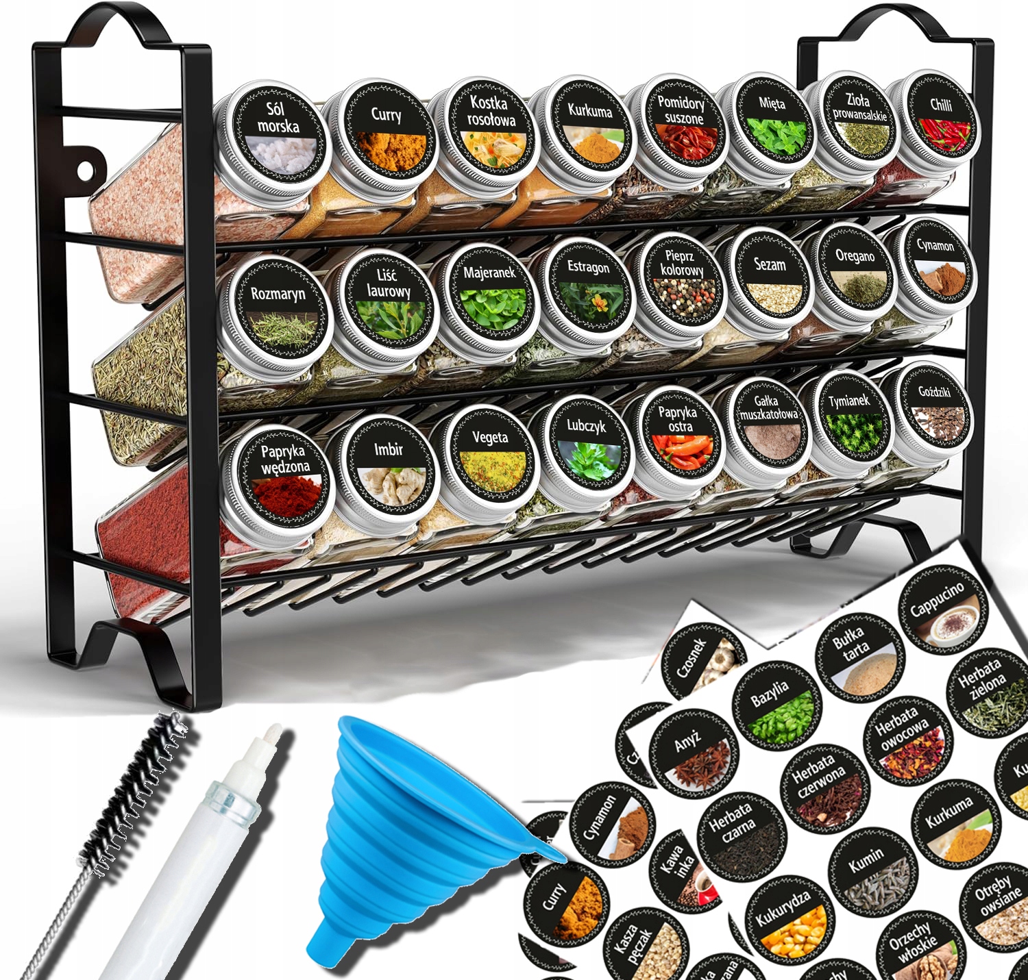 Stojak Na Przyprawy 24 Szklane Słoiczki Pojemniki Organizer +144 Naklejki