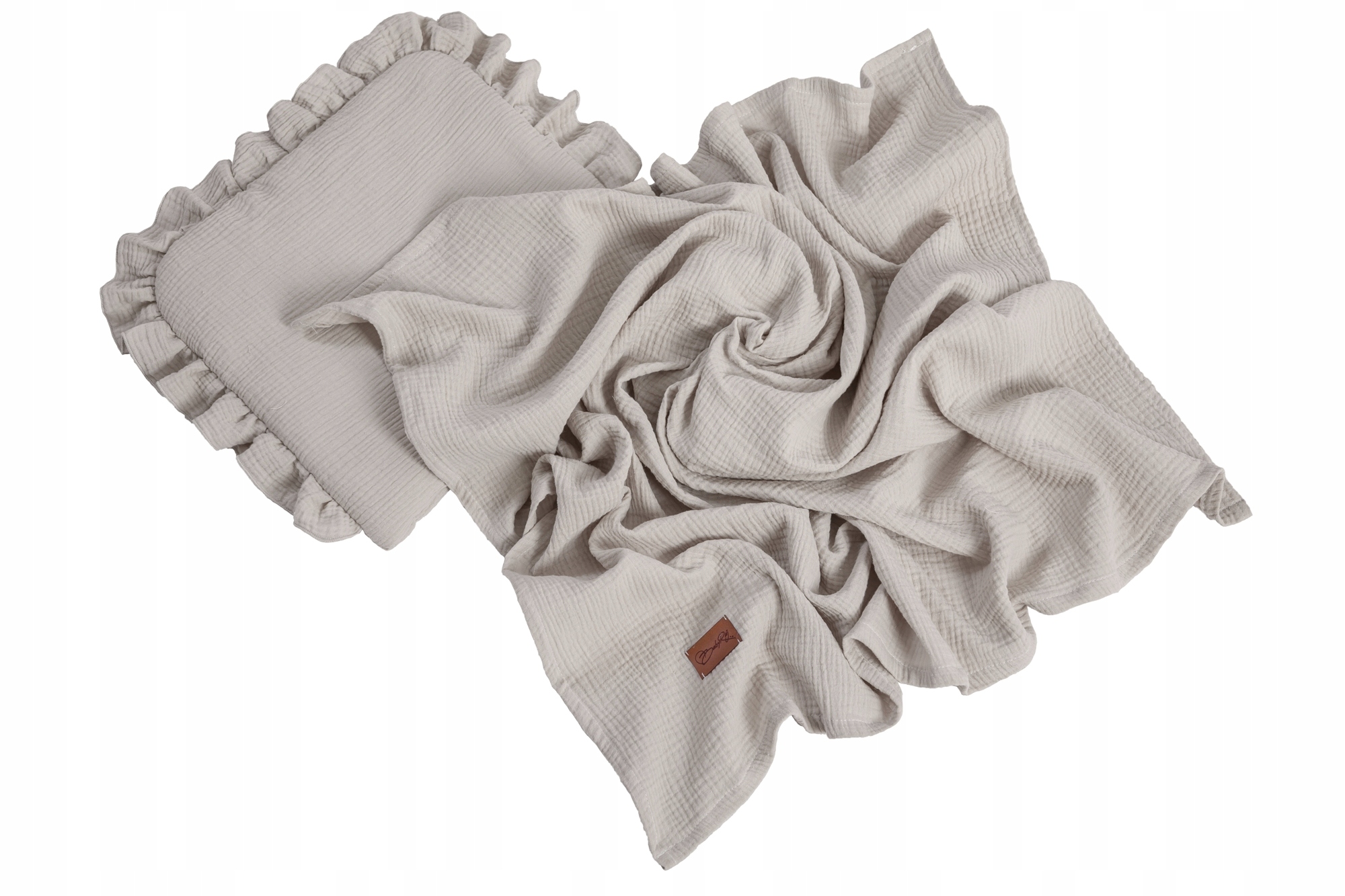 

Muślinowy komplet koc otulacz poduszka z falbanką