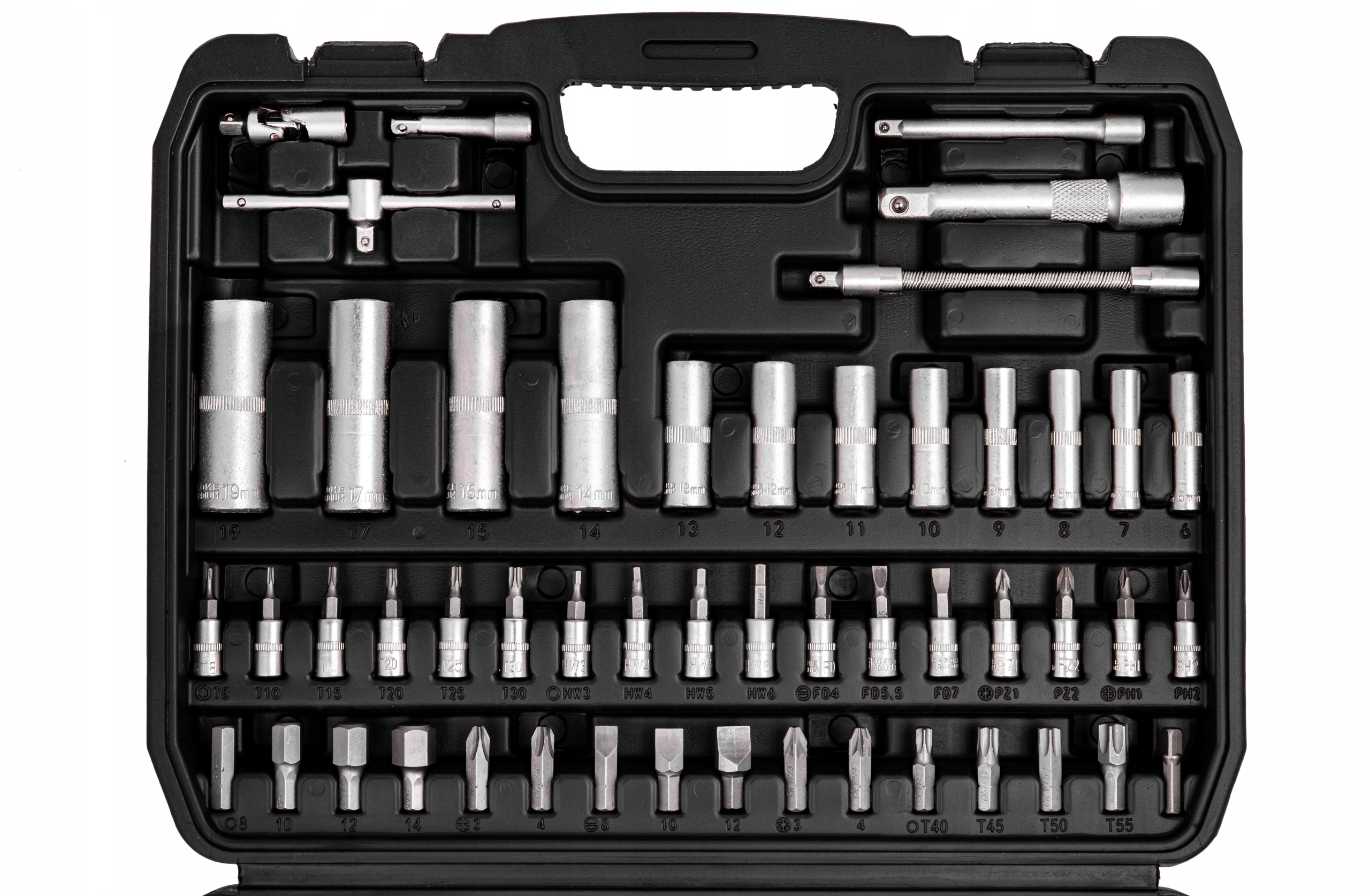 ZESTAW KLUCZY NASADOWYCH KLUCZE NASADOWE TORX 94 EL GRZECHOTKA PRZEGUB Liczba elementów w zestawie 93