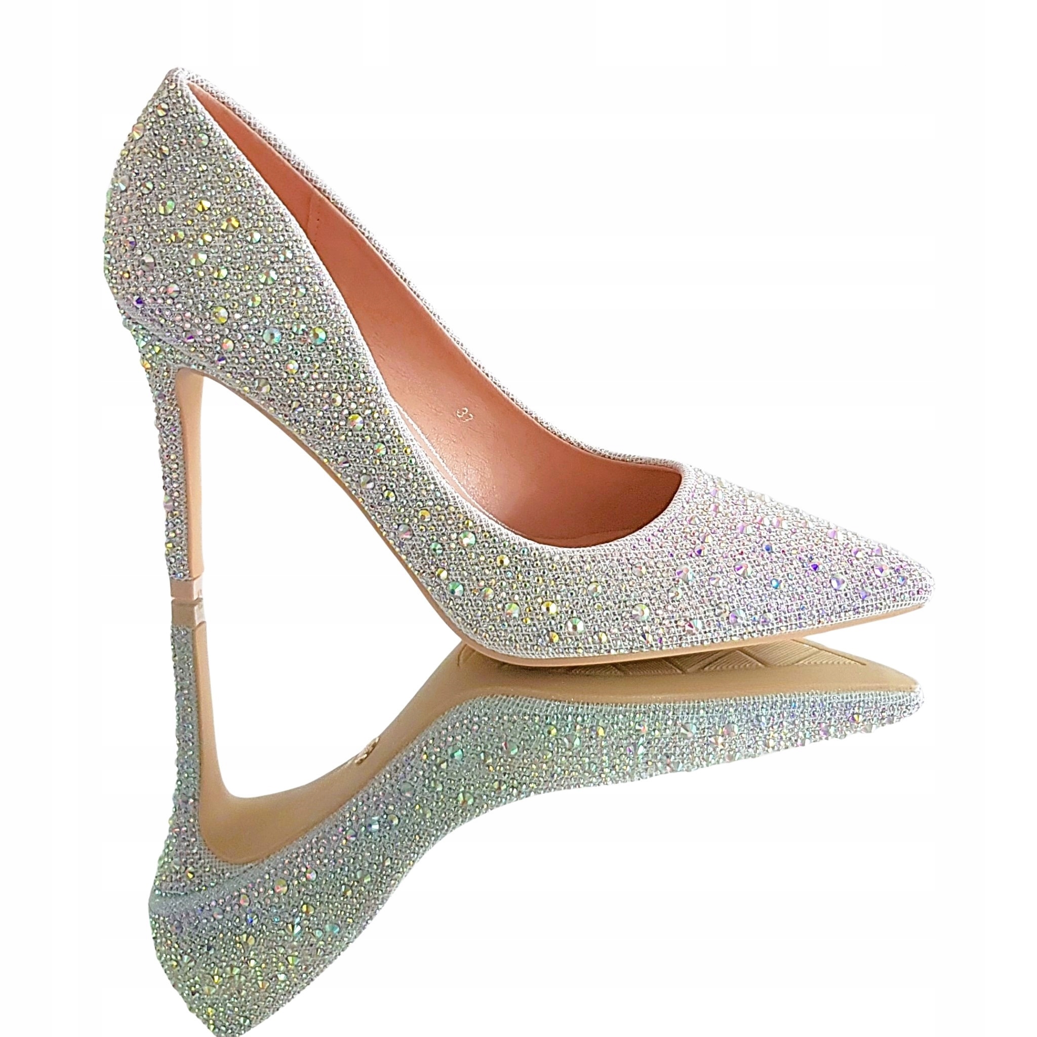 Srebrne Czółenka Buty Szpilki Brokat Opalizujące Cyrkonie 39