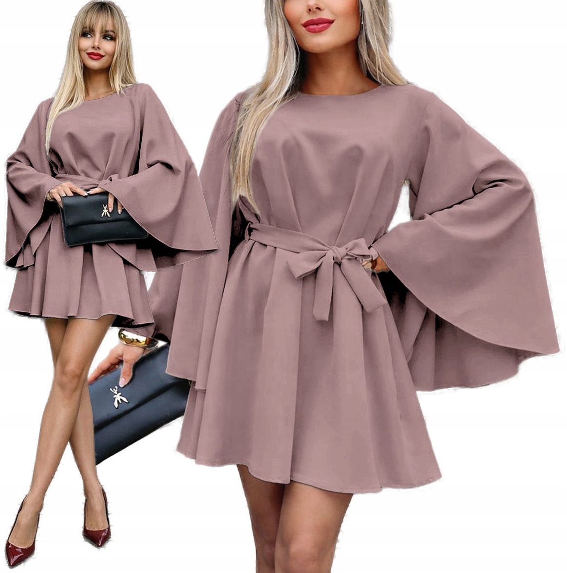 pudrowy róż trapezowa Sukienka damska rozkloszowany rękaw Nikola