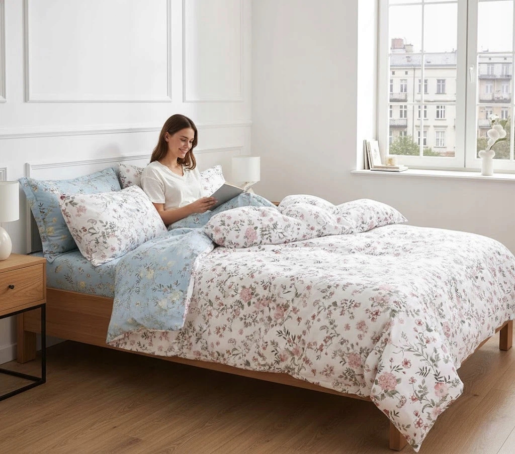 Bavlněná souprava ložního prádla s květinovým vzorem pro jednolůžko 140x200 cm s povlakem na polštář