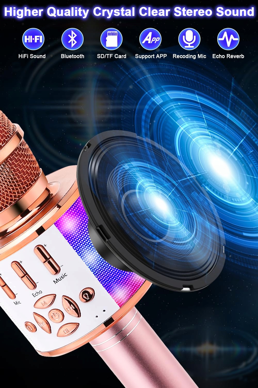BONAOK Bezprzewodowy Karaoke Mikrofon Głośnik LED Dla Dzieci iOS Android — miniatura 3