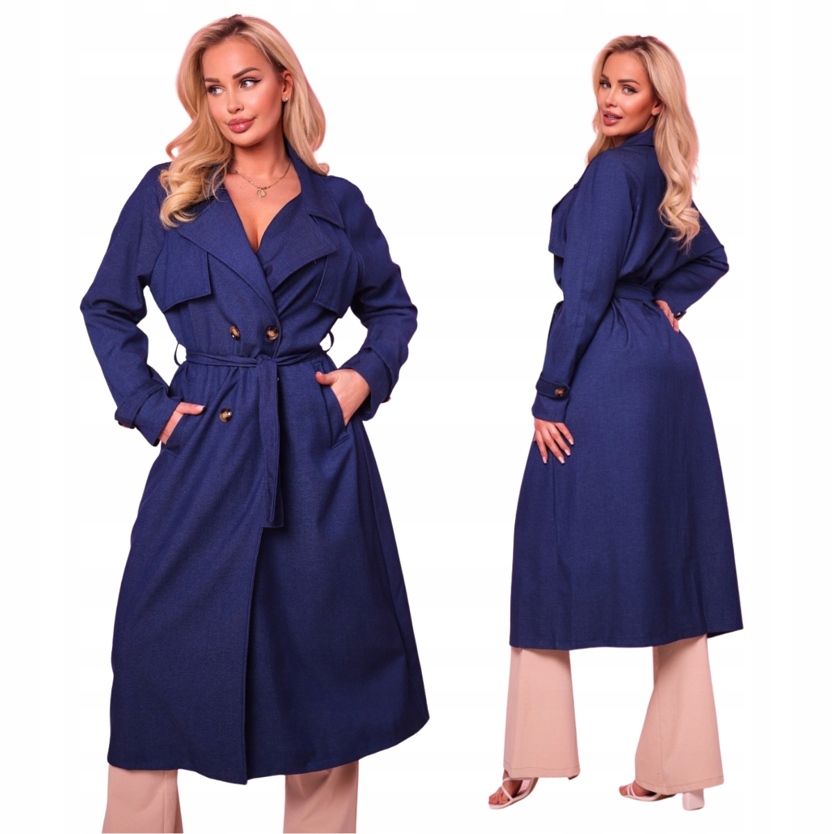 Trenčkot s páskem, tmavé džíny Posse, dvouřadé knoflíky Velikost jedna velikost