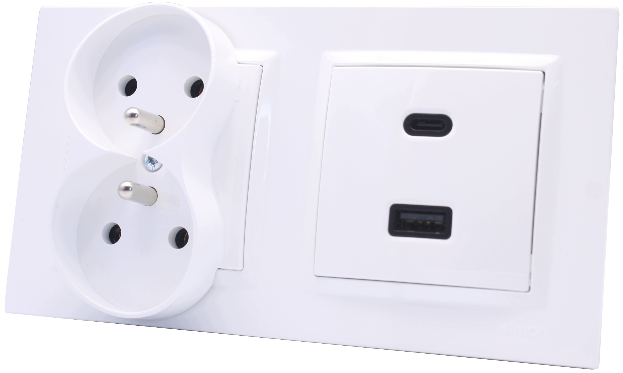Ładowarka Usb i Gniazdo podwójne Simon 10 w ramce podwójnej białe