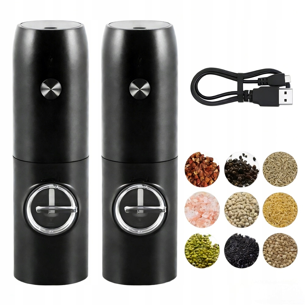 Elektryczny Młynek Do Soli I Pieprzu Zestaw 2 Szt. Czarny Z Regulacją