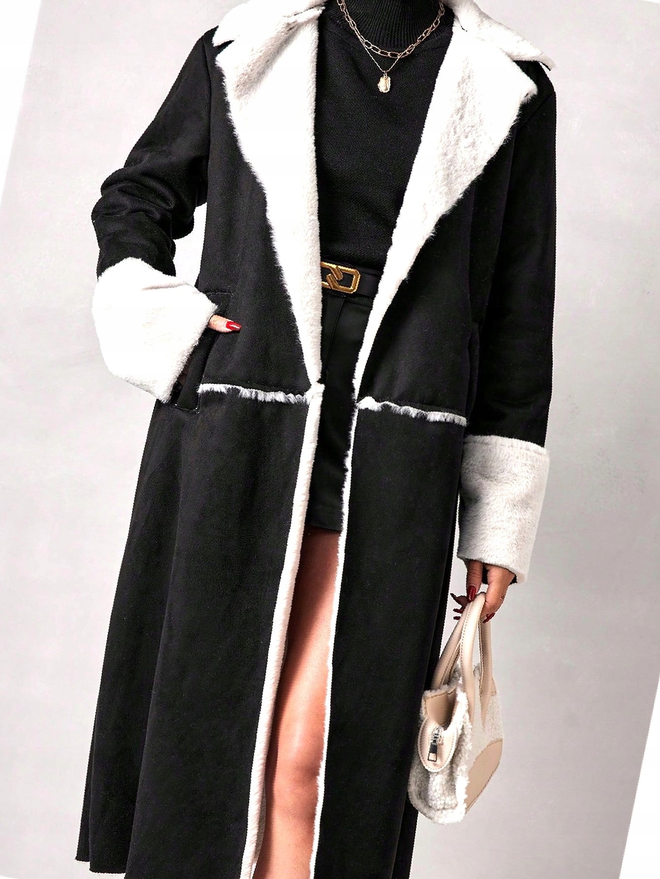 Dlouhý zavazovací kožíšek na každý den, černý, semišový, velikost 40