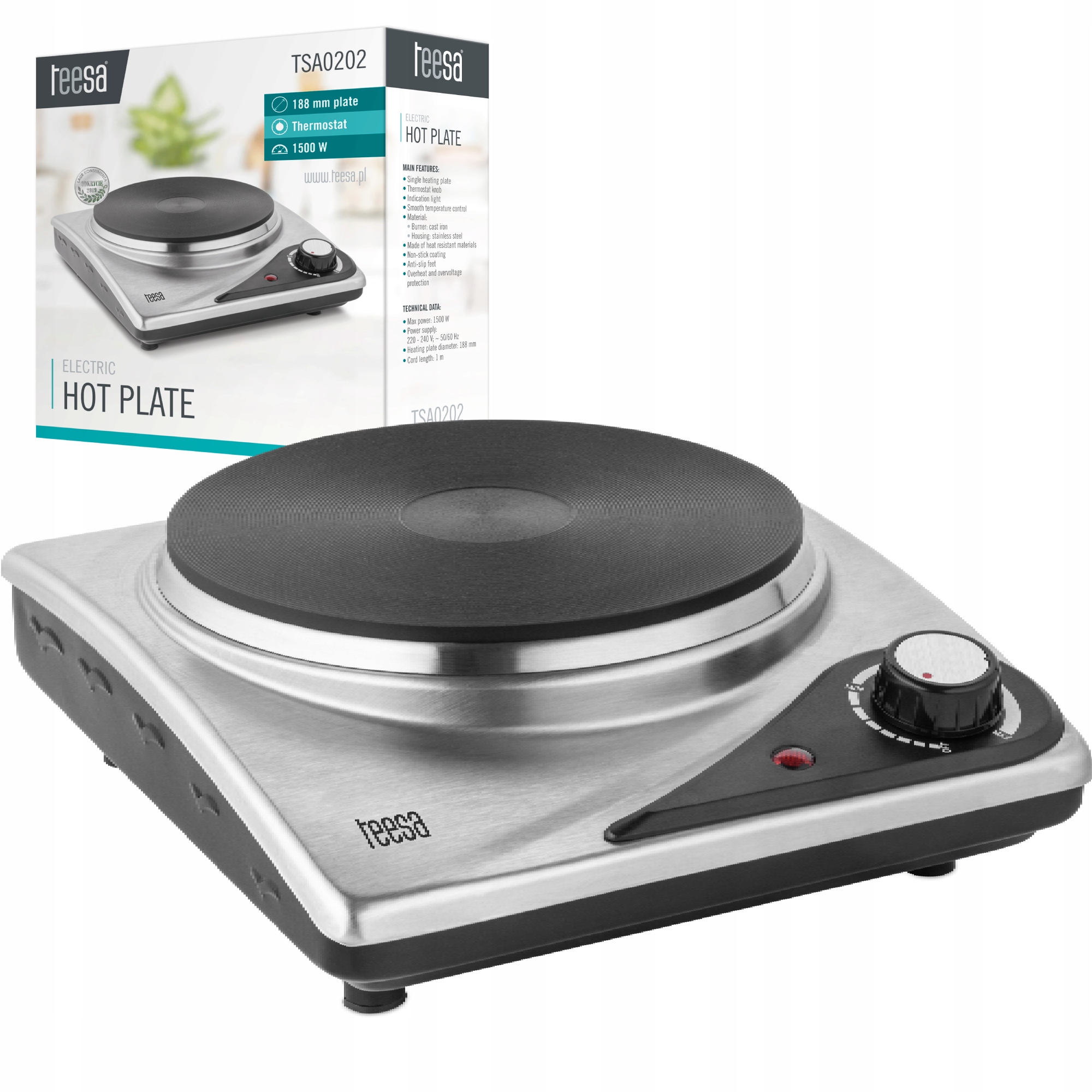 Kuchenka Elektryczna Jednopalnikowa Przenośna Ze Stali Nierdzewnej 1500W