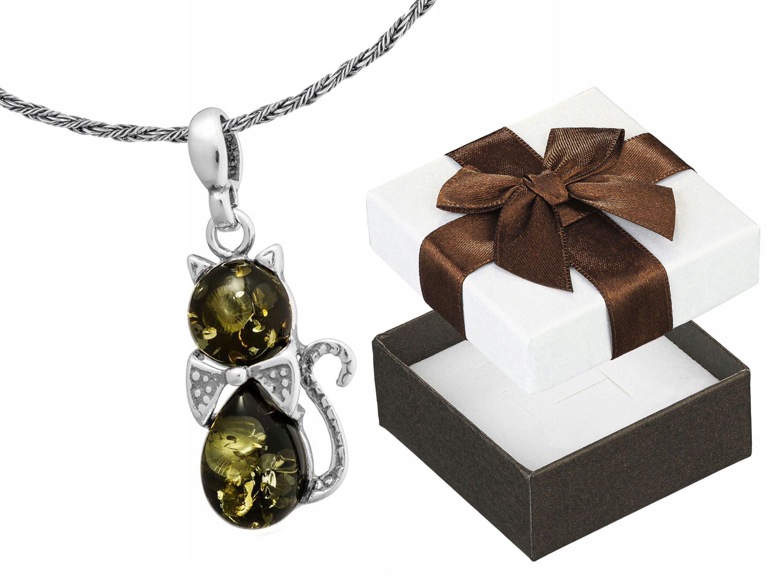Dlouhý Stříbrný Dámský Náhrdelník Kočka se Zeleným Jantarem Koťátko Krátký 75 cm