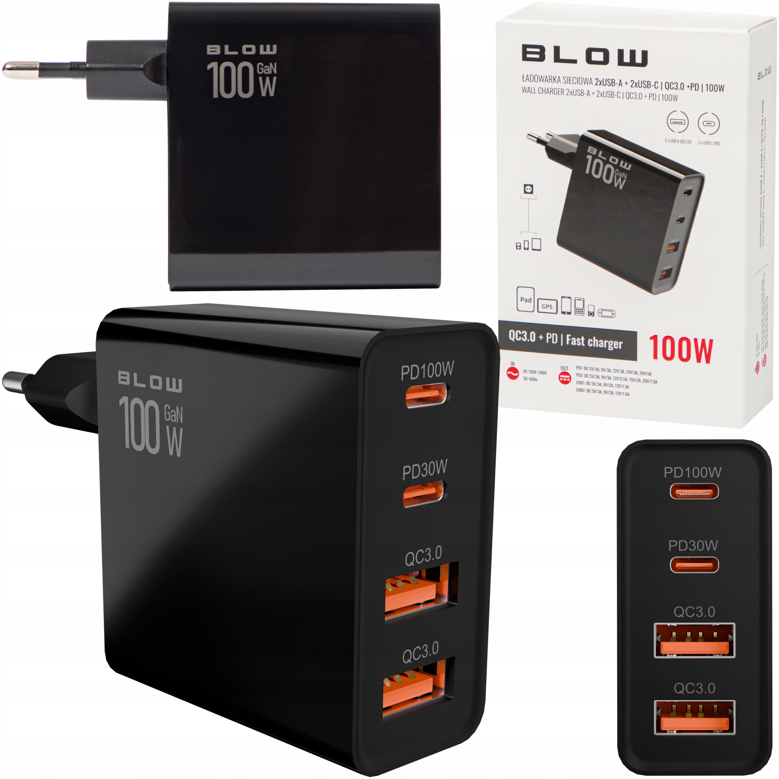 Rychlá Síťová Nabíječka GaN 100W 2x Usb 2x Usb-c Qc 3.0 Pd Univerzální