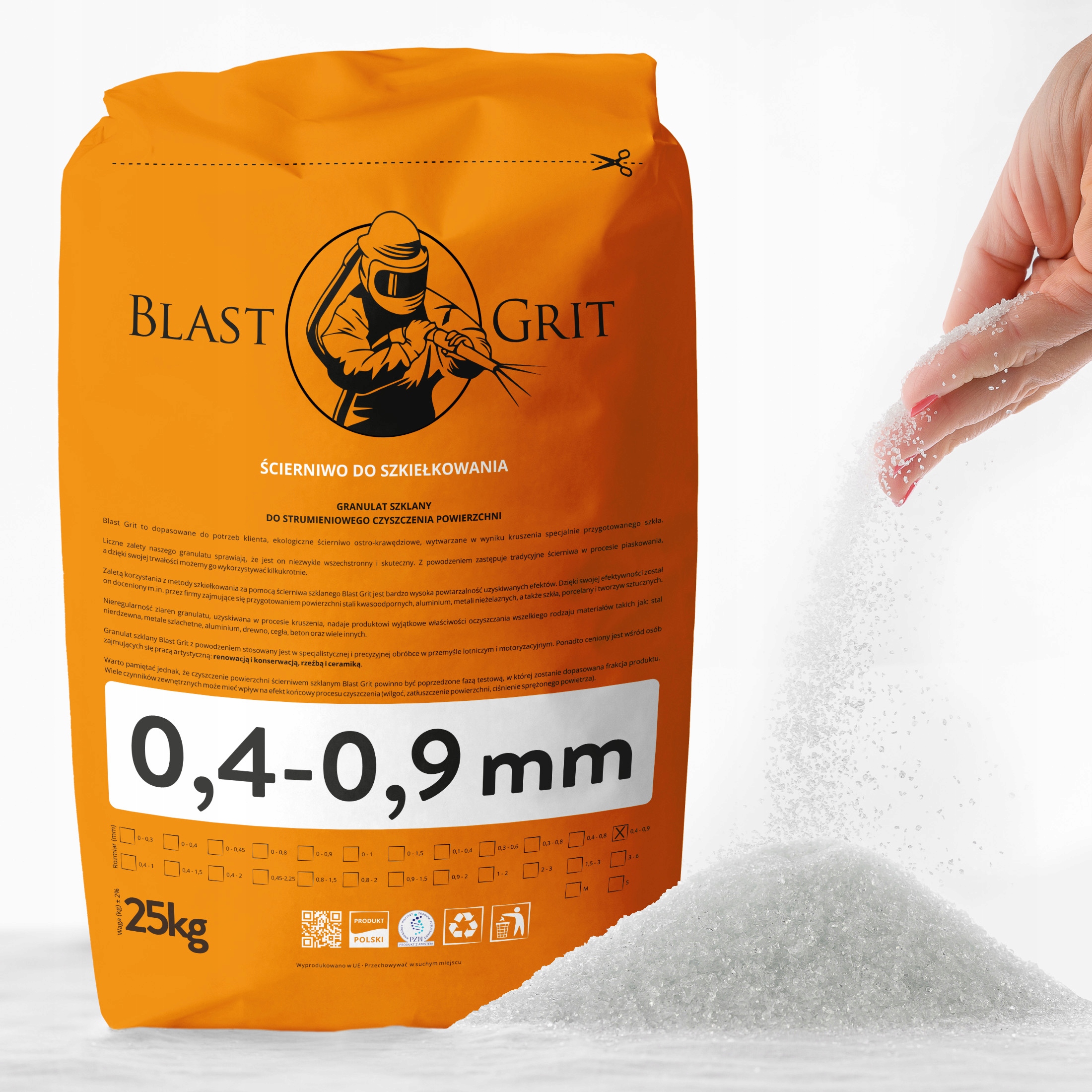Granulát na sklíčka 0,4 0,9 mm 25 kg Blast Grit Pro Atest Pzh