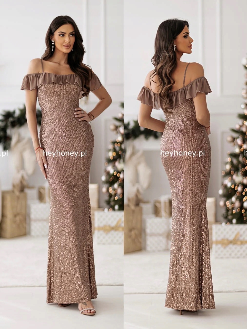 Šaty Flitrová Maxi s odhalenými rameny Zlatá Luminous S