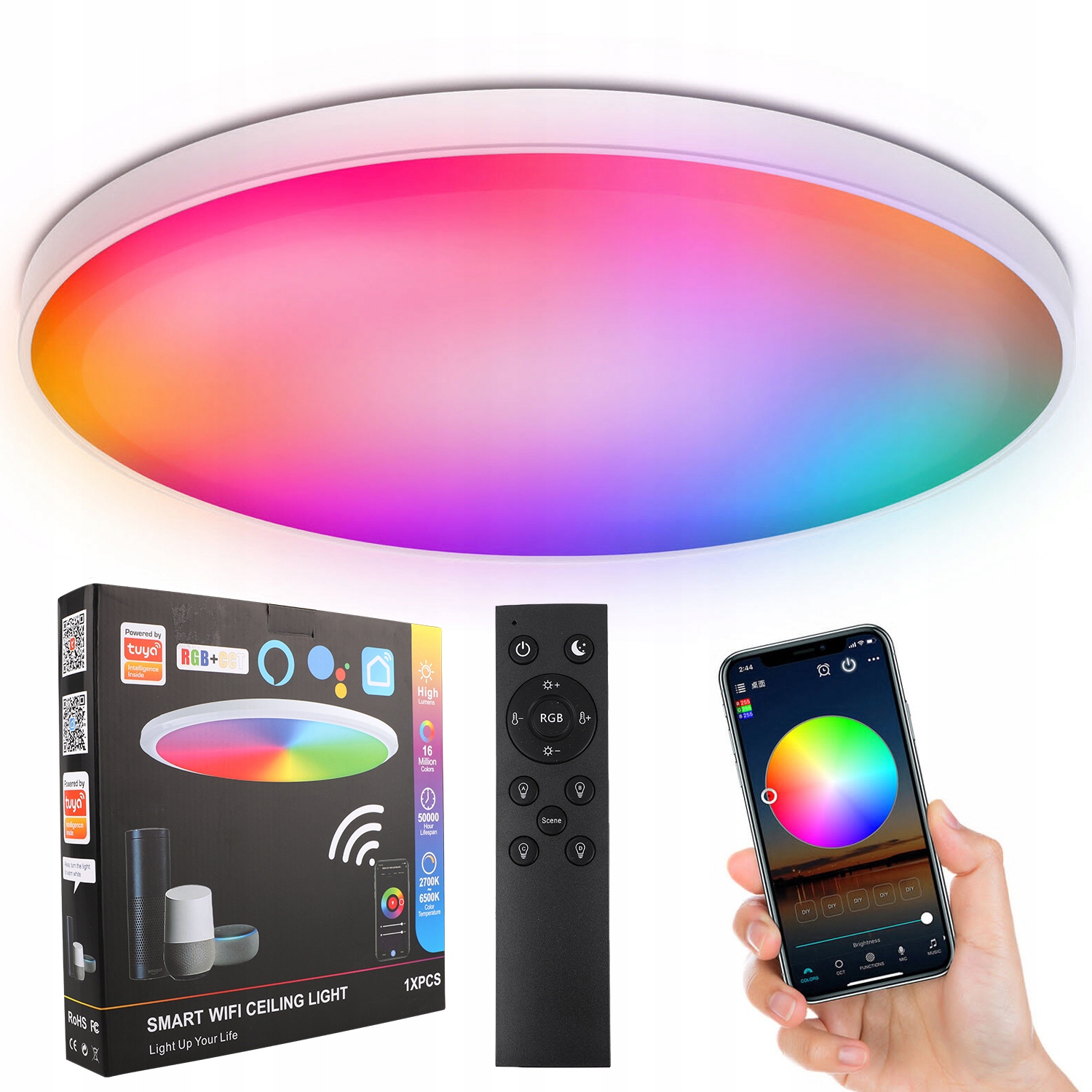 24W Bluetooth Lampa Sufitowa Led Plafon Okrągły Biały Sypialnia Z Pilot Rgb