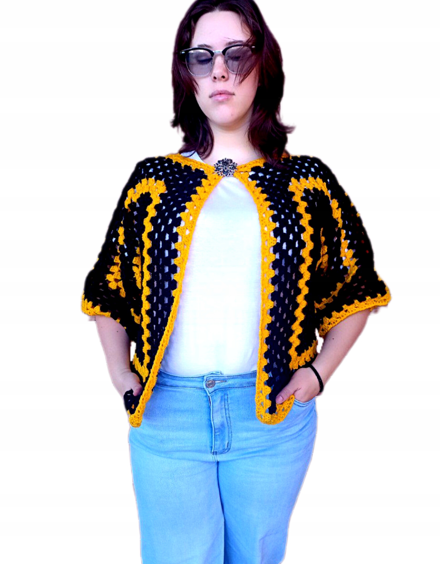 RK/HN20 Dámský Ručně Háčkovaný Svetr, Barva Černá A Žlutá