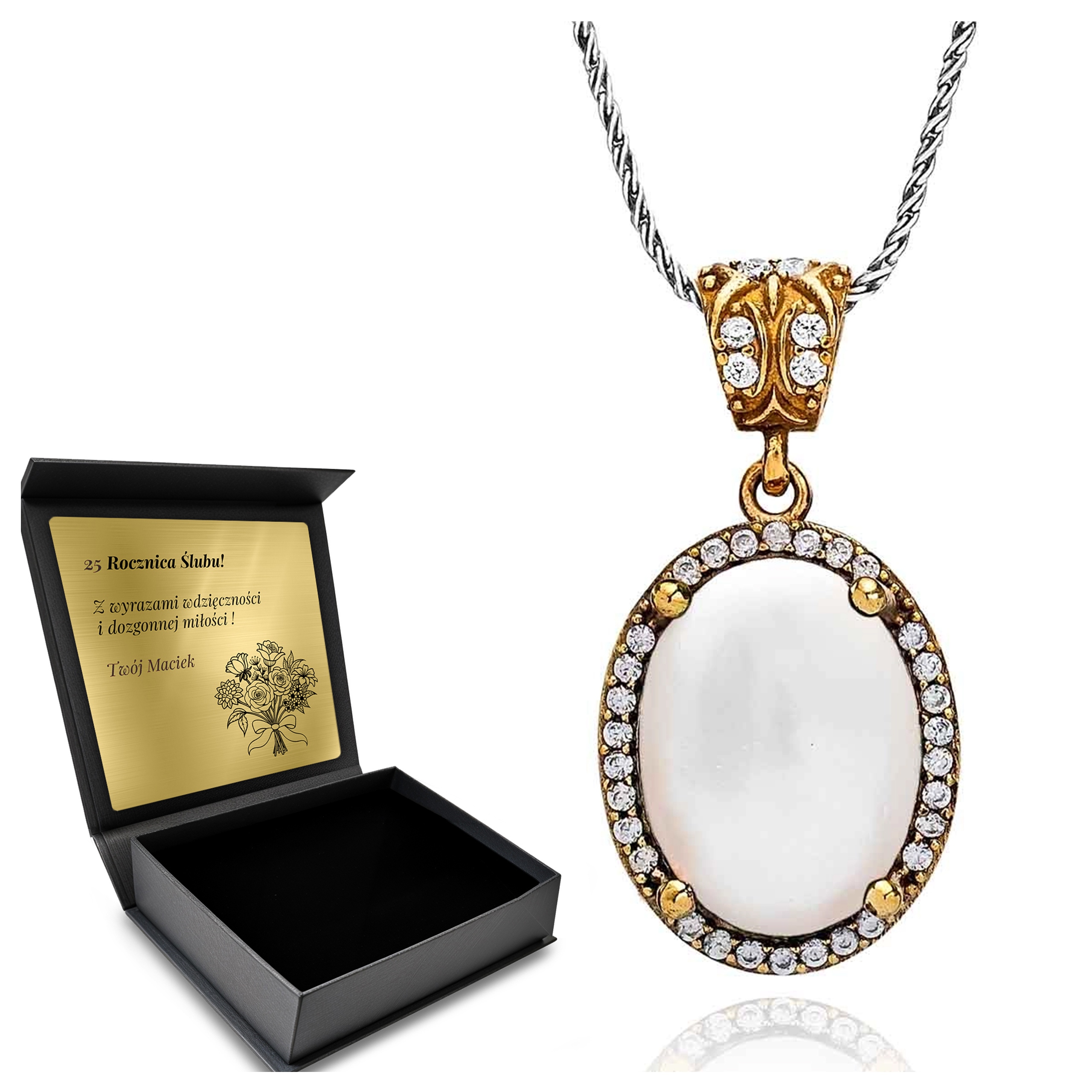 Stříbrný Náhrdelník 925 Se Zirkony A Perlou Dárek pro ženu Gravírování