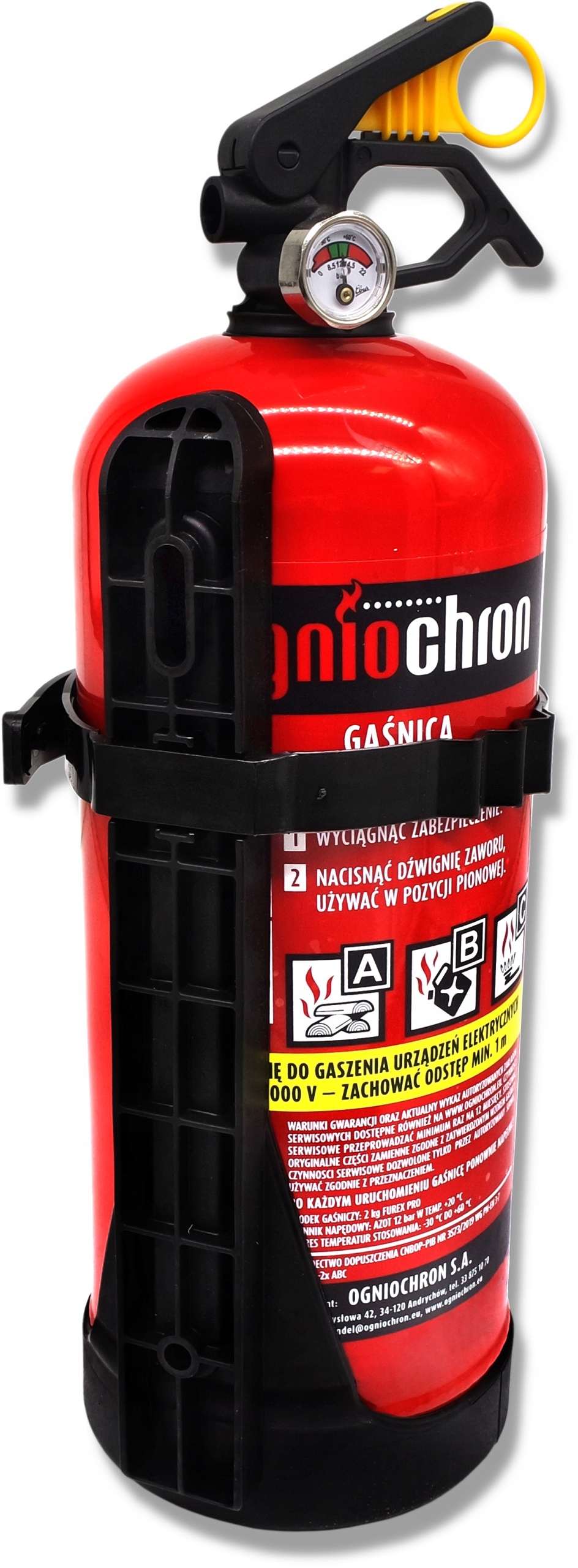 GAŚNICA SAMOCHODOWA 2KG + UCHWYT MANOMETR GP2x ABC prod. 2023 Producent Ogniochron