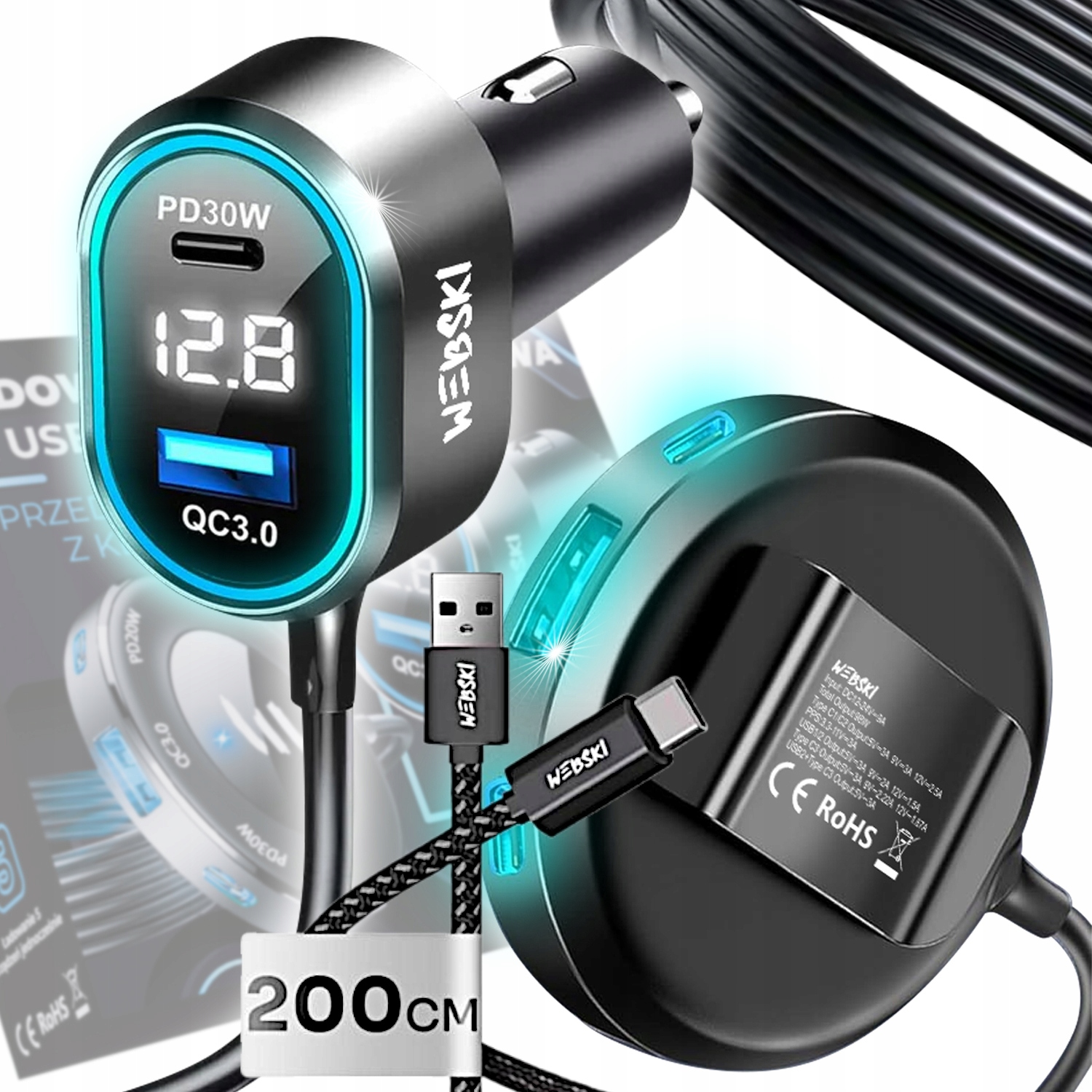 Automobilová Klip Na Sedadlo 98W 2xUSB 3xUSB-C LCD Kabel 200CM