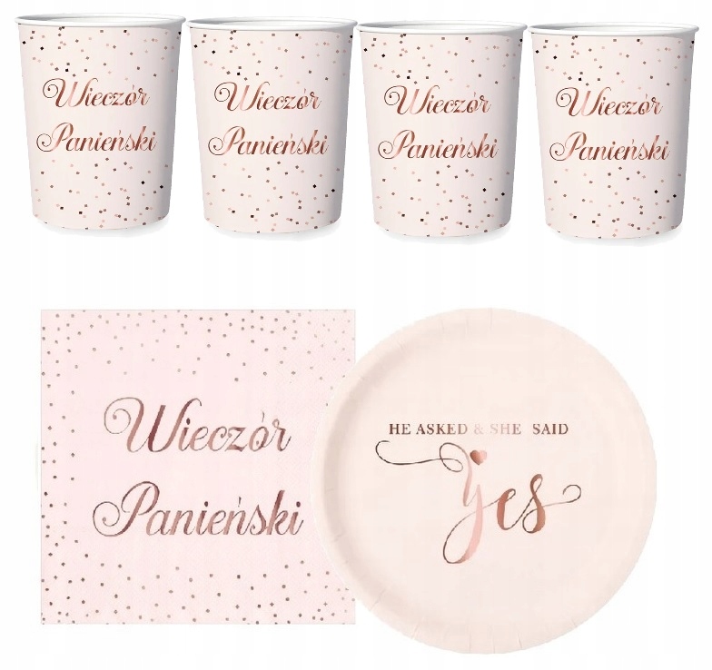 

talerzyki kubeczki Panieński Rose Gold serwetki