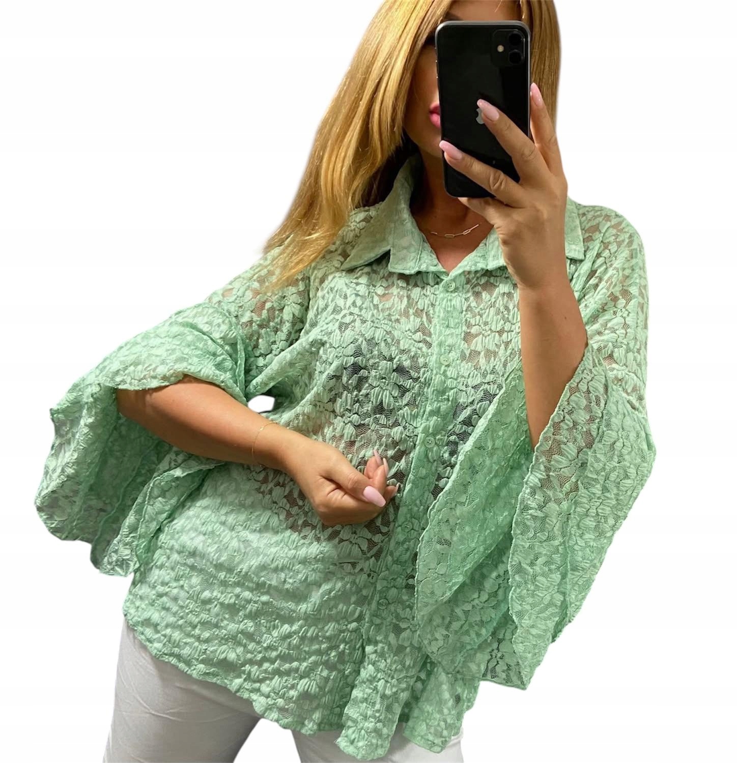 U216 Krajková Košile Se Španělským Rukávem Zelená vel. 46 (3XL)