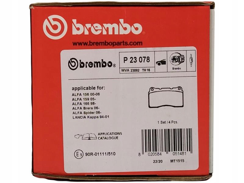 KLOCKI BREMBO ALFA ROMEO 166 PRZEDNIE Strona zabudowy przód