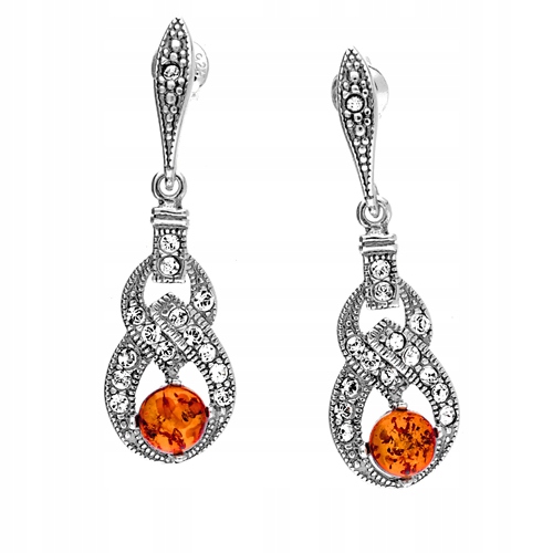 Stříbrné Náušnice dlouhé závěsné s Jantarem Zirkon ze stříbra 925 Šroubky