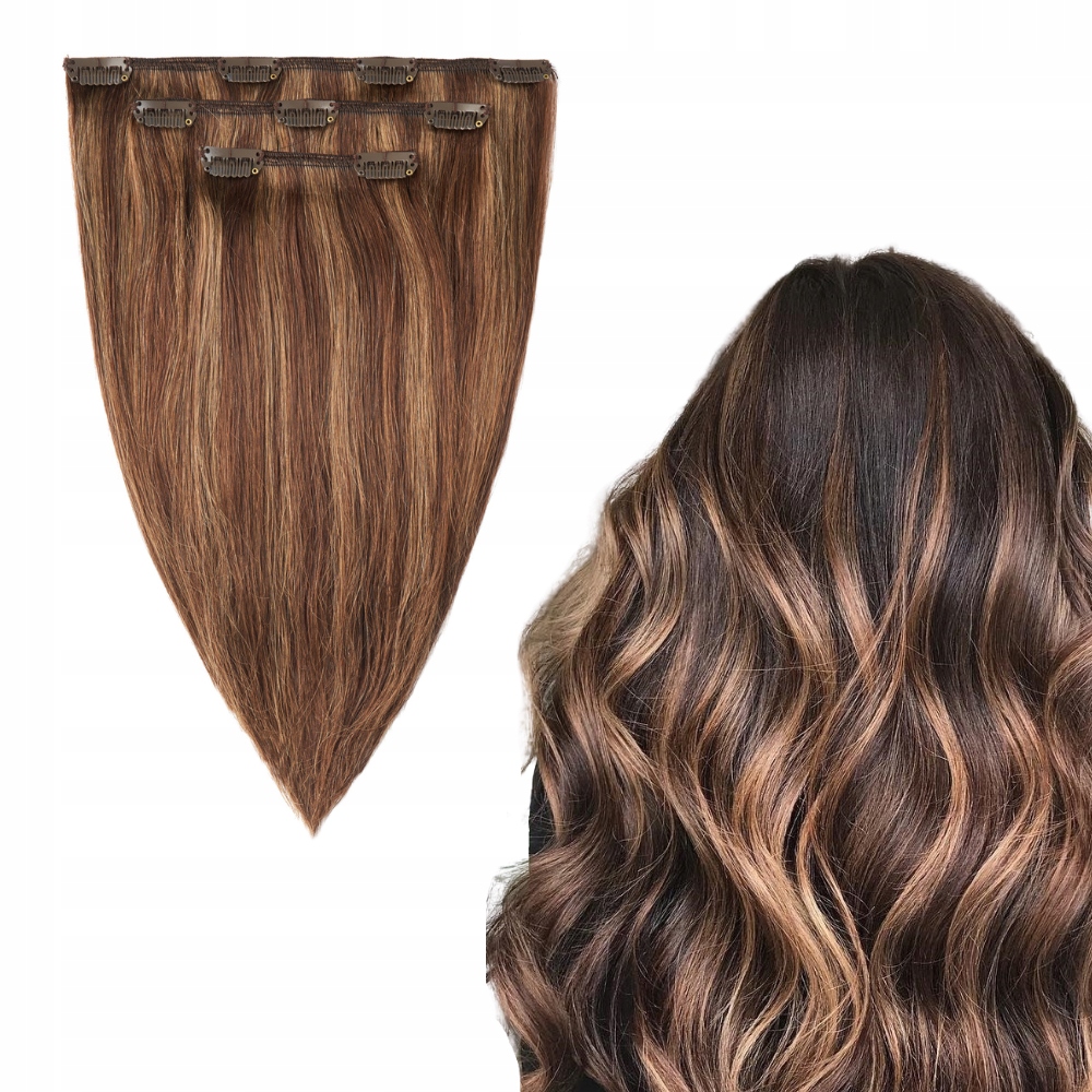 Přírodní vlasy Clip In dopňky 30 cm 3 pásky 50 g #4/8 hnědé s sluncem