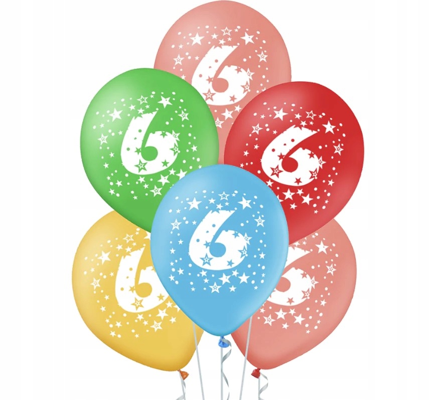 BALONY KOLOROWE Z CYFRĄ 6 SZEŚĆ URODZINOWE 5szt