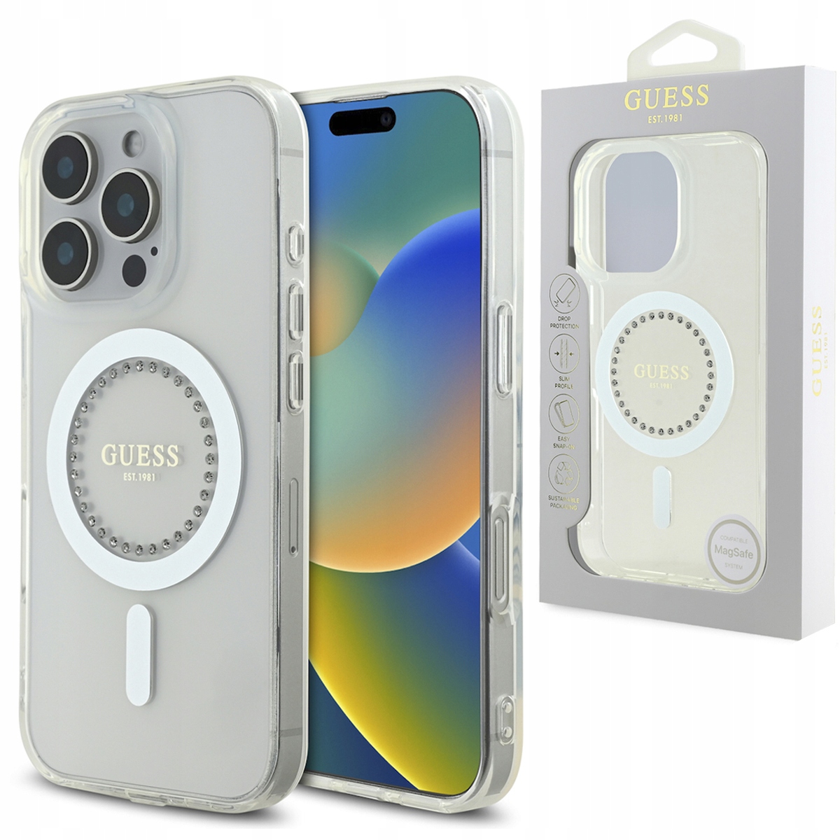 Etui Guess IML Rhinestones MagSafe na iPhone 16 Pro Max białe Guess