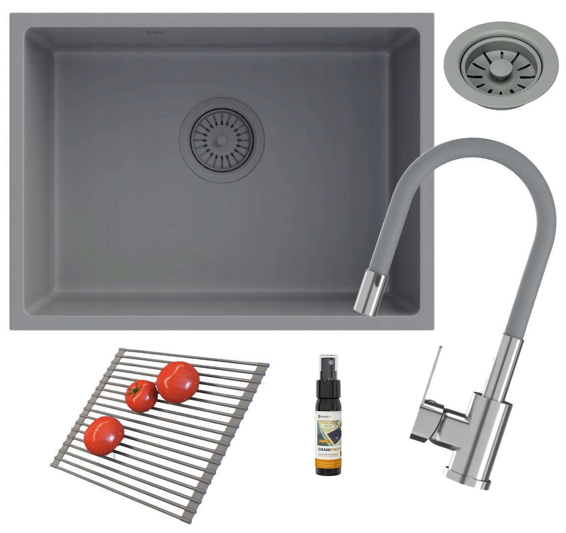 Granitový drez pod dosku Manado 60 sivý Sada rolmata batéria