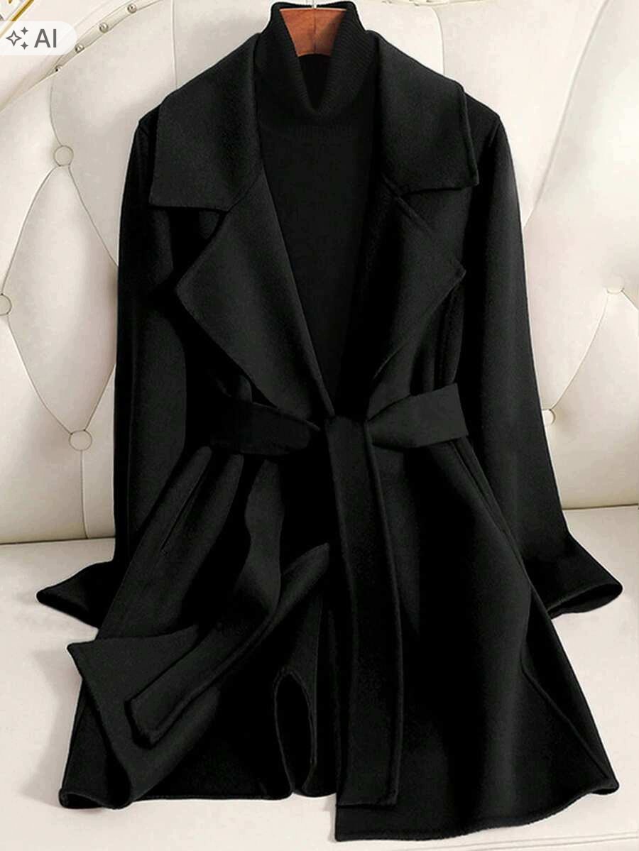 Shein Černý Trench Kabát S Širokým Límcem Petite Xs 1LA