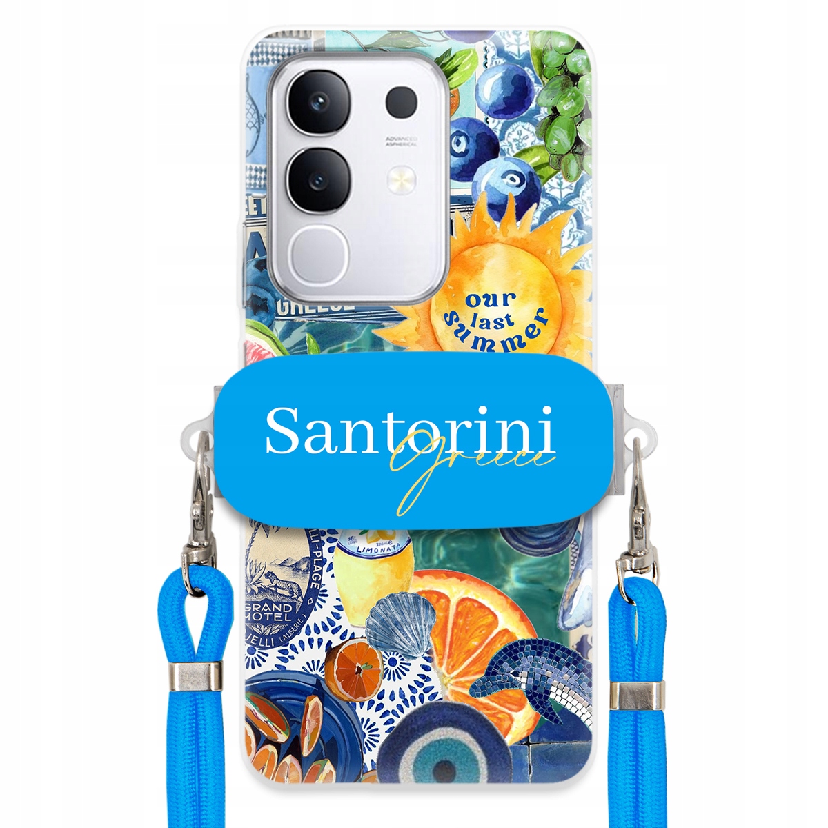 Puzdro pre Vivo Y29 4G Modré Crossbody vodítko držiak Santorini Sea Vibes