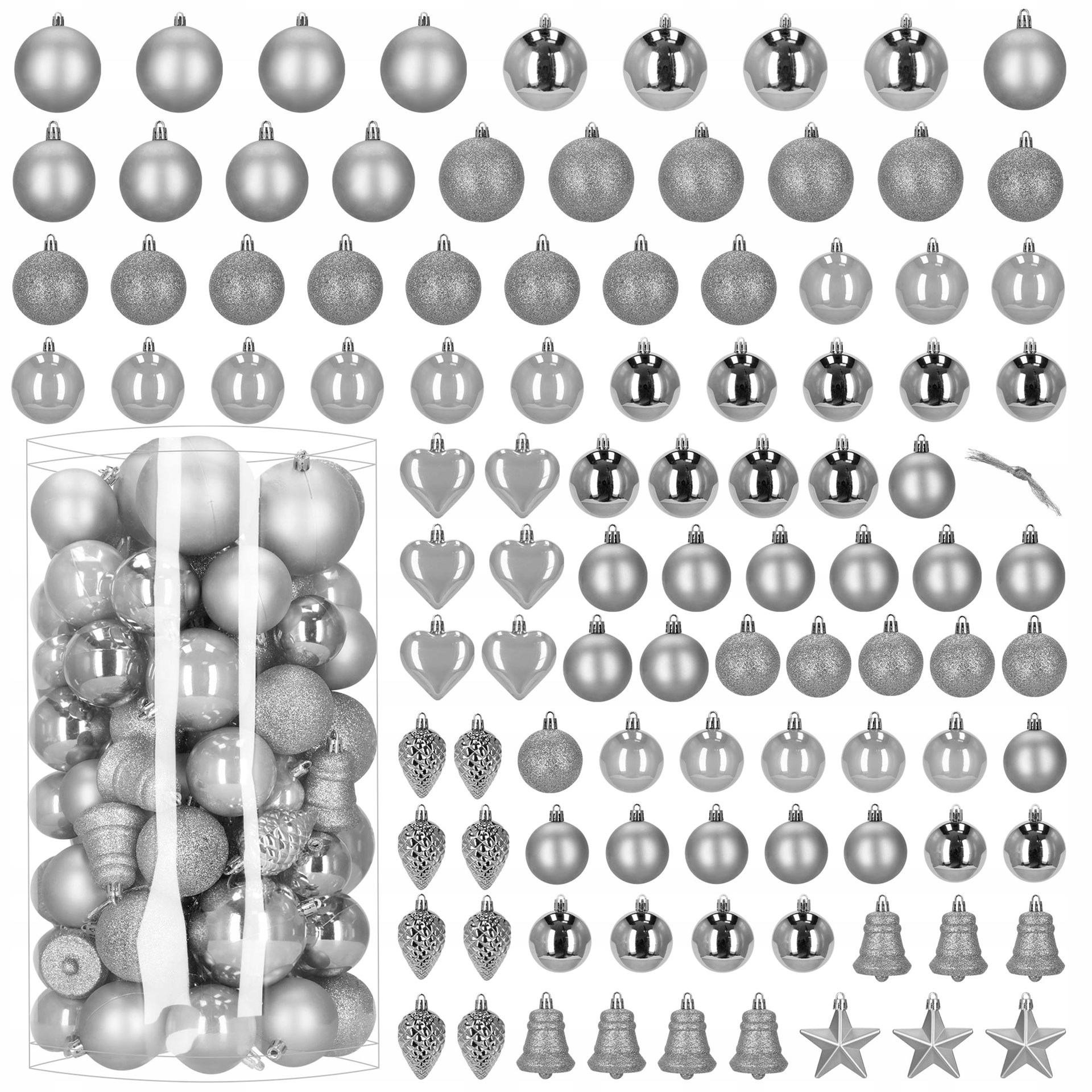 Sada Vánočních Baněk XXL 100 ks Stříbrné Vzory Vánoční Koule Ozdoby Na Stromeček