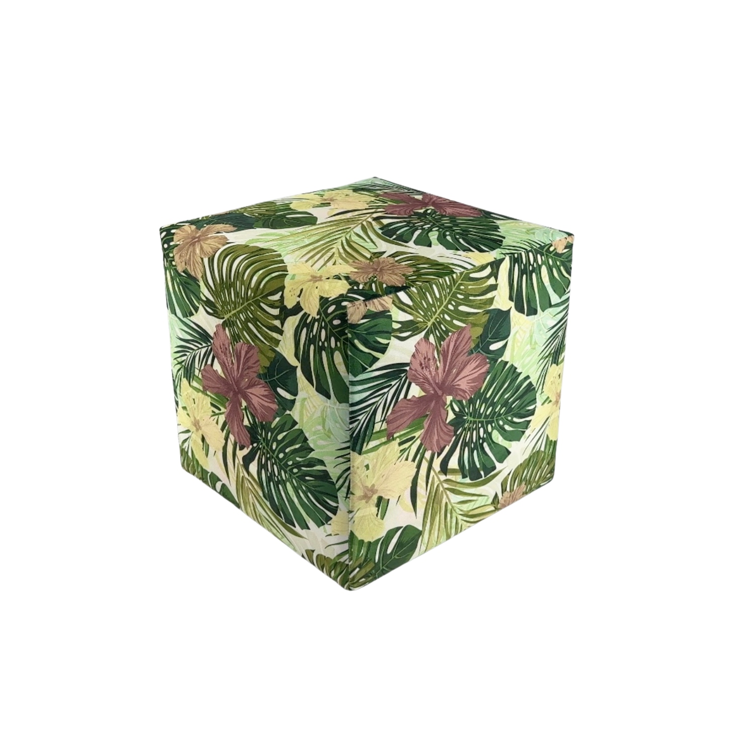 Taburet čtvercový s tropickými listy, plyšový velur