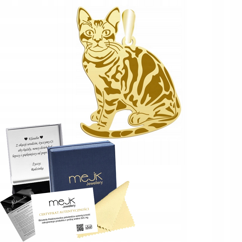 Zlatý přívěsek s Bengálskou kočkou 925 Dárek Šperky Žena Gravírování Bonus
