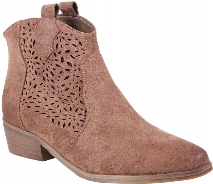iButy DAMSKIE KOWBOJKI AŻUROWE NA NISKIM OBCASIE BRĄZOWE ZAMSZOWE Wzór dominujący bez wzoru