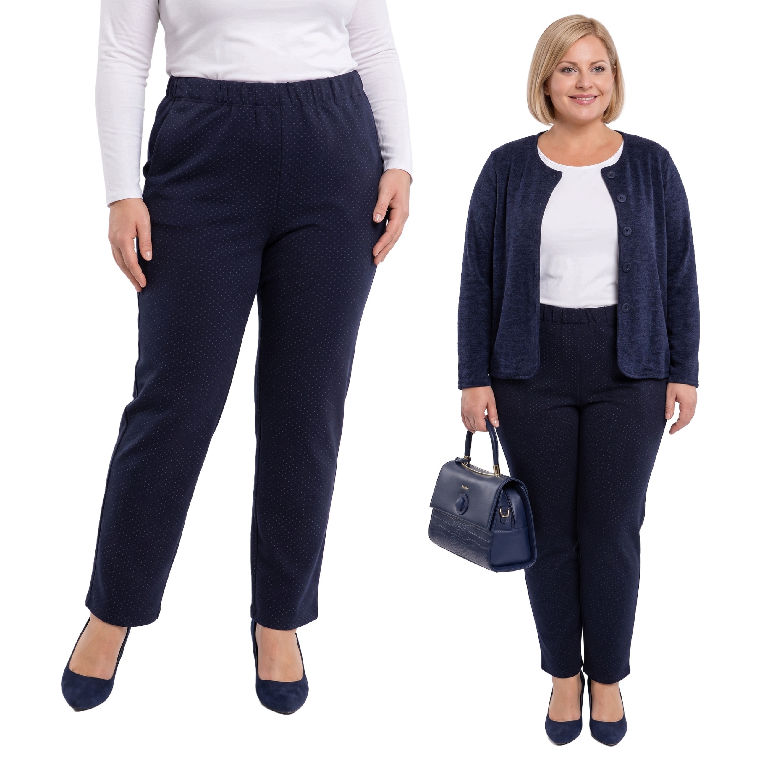 Tmavě modré kalhoty s šedými puntíky plus size velikost 60/62