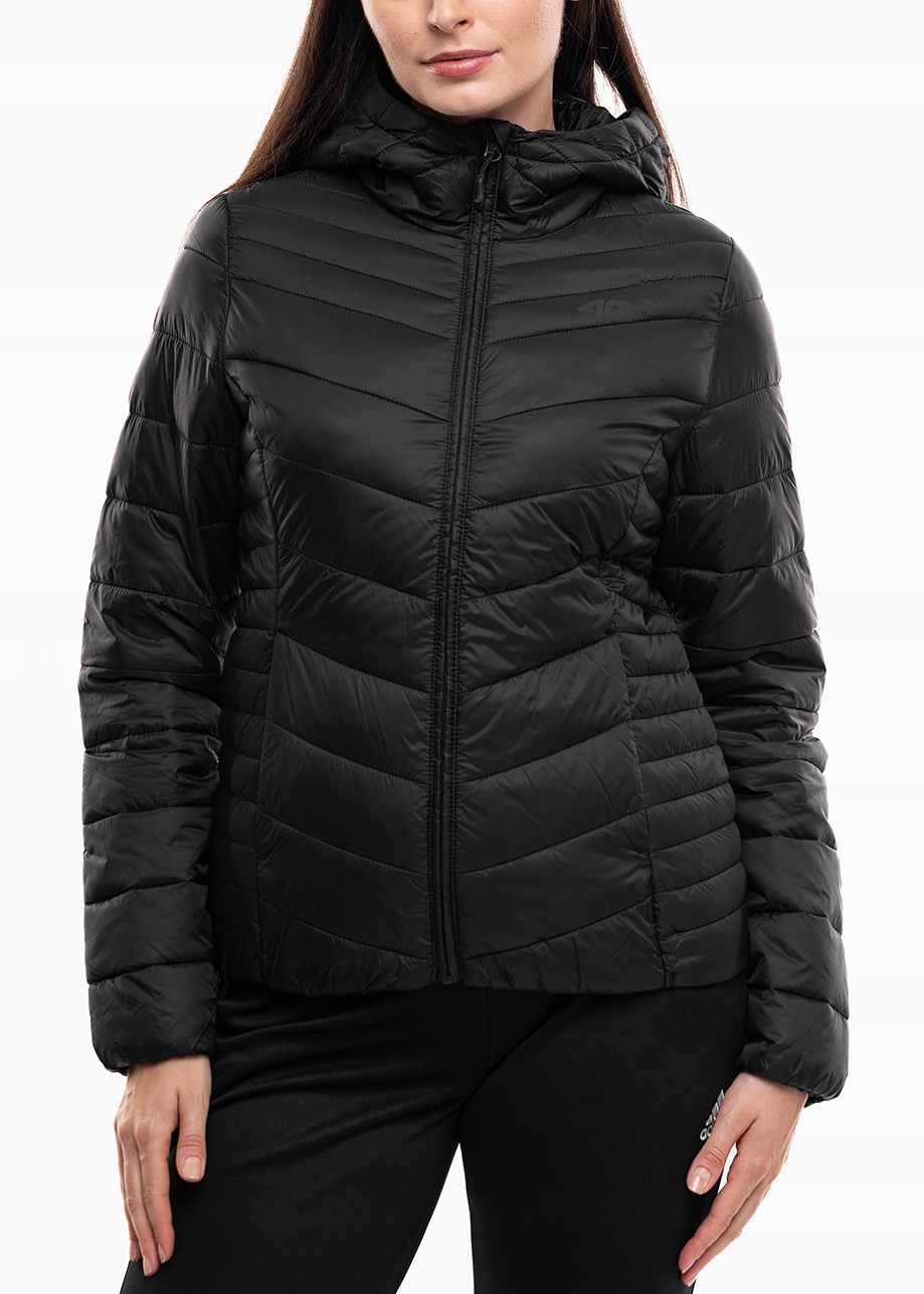 4F Dámská péřová bunda s kapucí, prošívaná, zapínatelná, přechodová, vel M