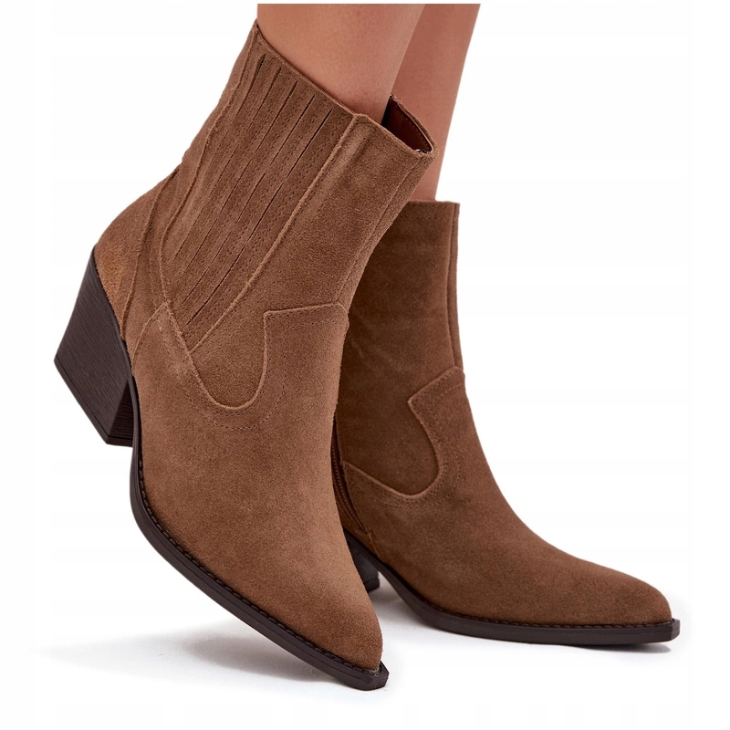 Kotníkové Boty Kovbojské Boty Dámské Semišové Podpatek Sloupek Zip Zateplené Camel 41