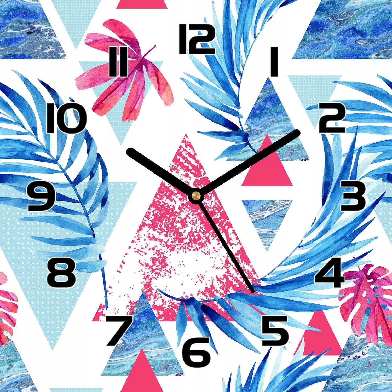 

Ładny zegar szklany Liście i trójkąty 30x30 cm