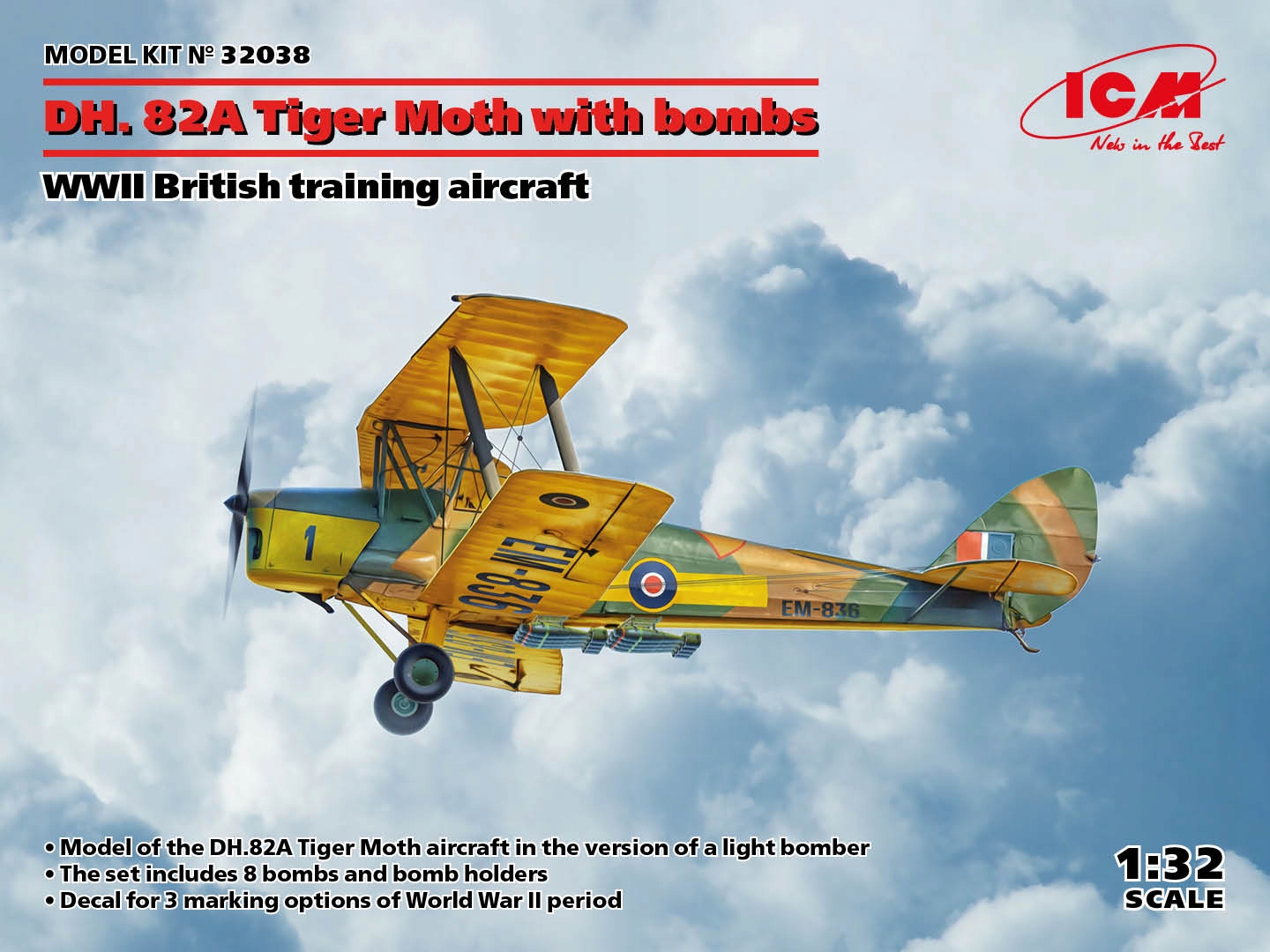 Dh 82A Tiger Moth s bombami 1:32 ICM 32038