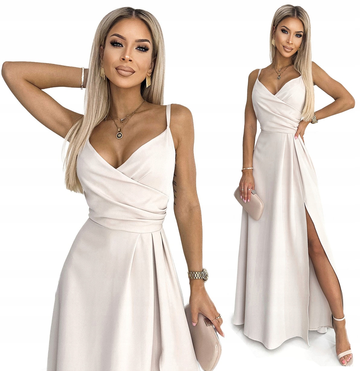 Elegantní Večerní Šaty Na Ramínka Plesová Studánka Svatební Hostina Béžová XL